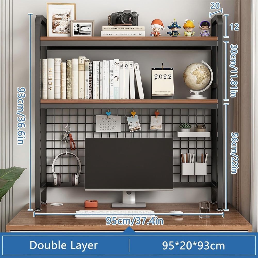Black 2-Tier Desktop Bookcase with Grid Panel Metal/MDF Desk Hutch 95cm