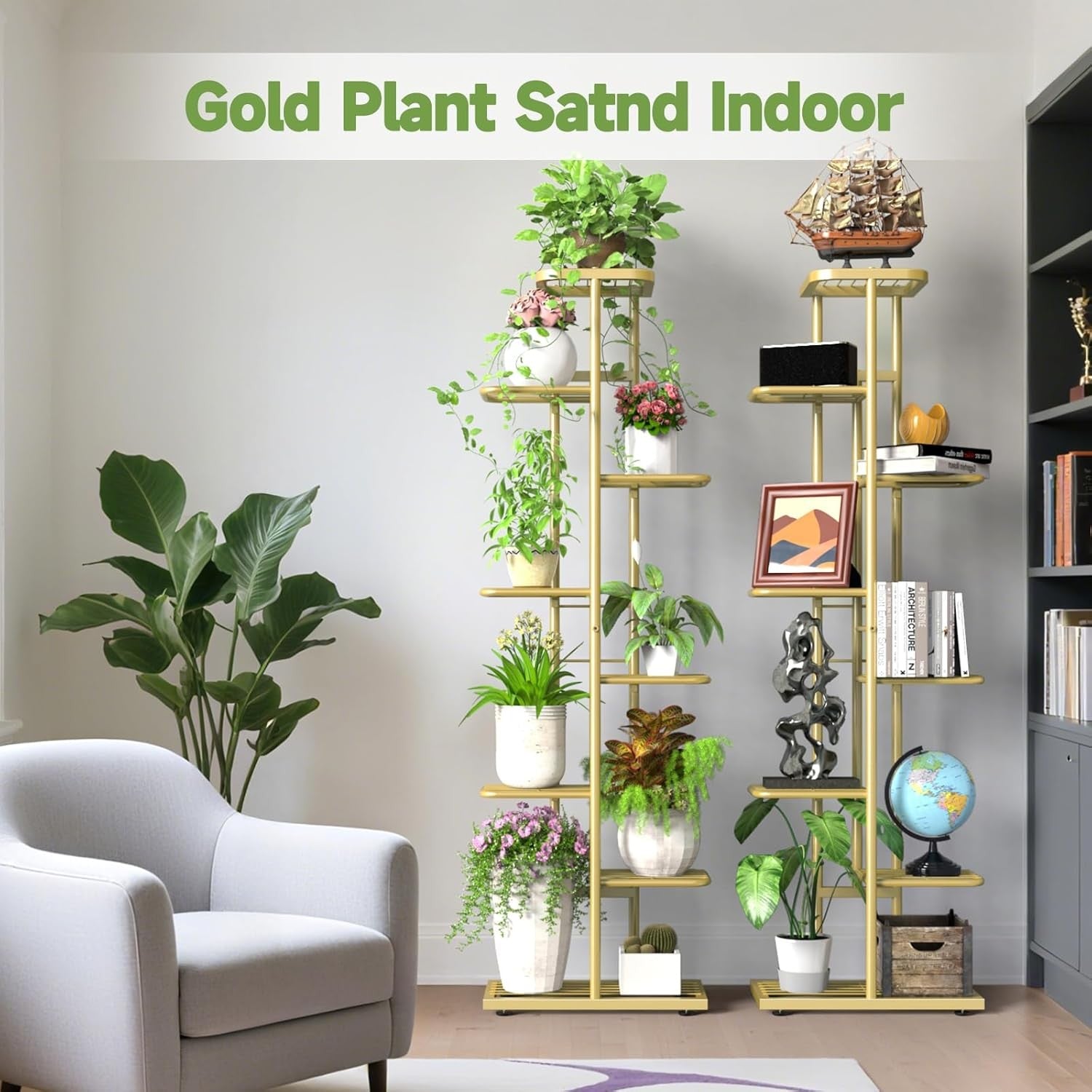 8 Tier Tall Gold Metal Plant Stand Indoor Outdoor Flower Shelf with Tools Set