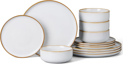 12pc Stoneware Dinner Set Daisy Beige Plates Bowls Reactive Glaze