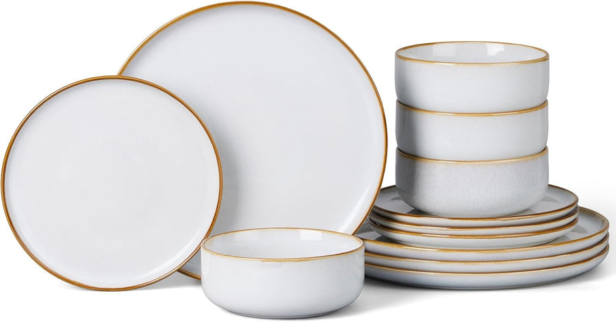 12pc Stoneware Dinner Set Daisy Beige Plates Bowls Reactive Glaze