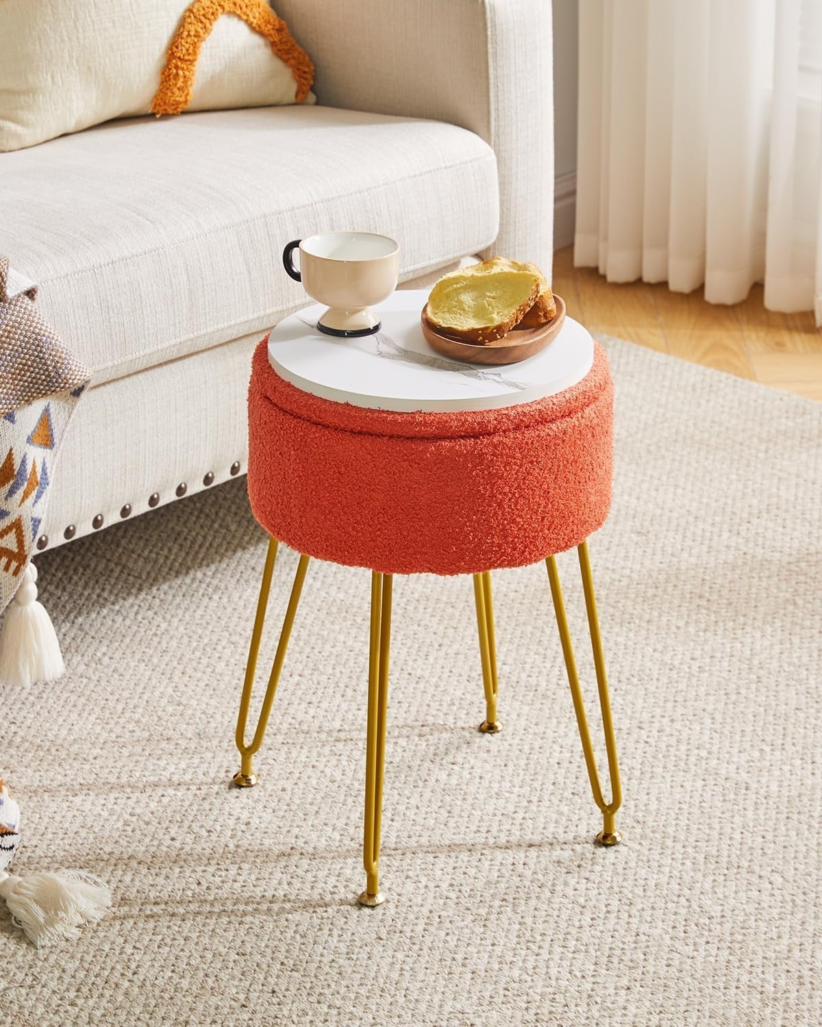 Orange Teddy Velvet Storage Footrest Stool – Vanity Ottoman with Golden Legs