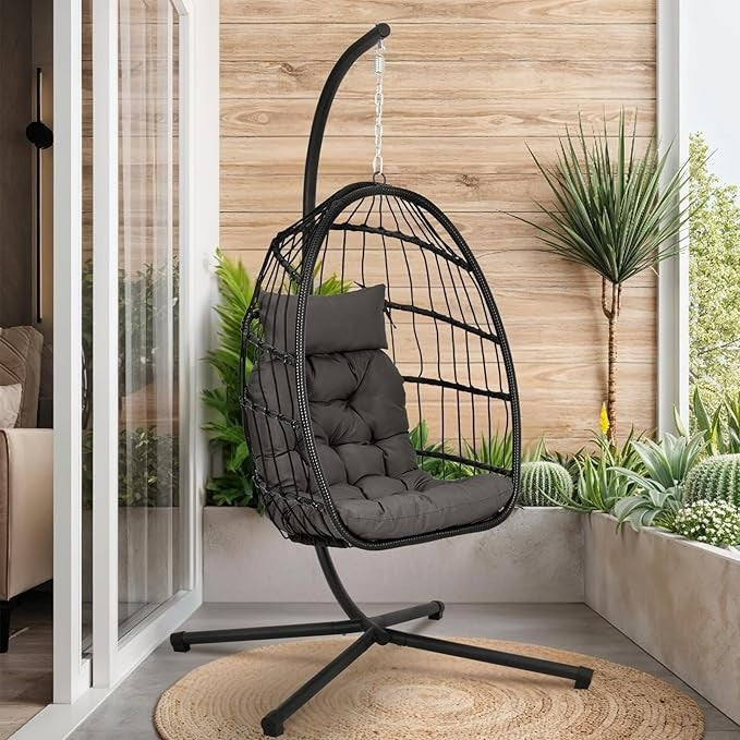 Hanging Egg Chair with Stand Indoor Outdoor Swing Seat Rattan Cushion 150KG