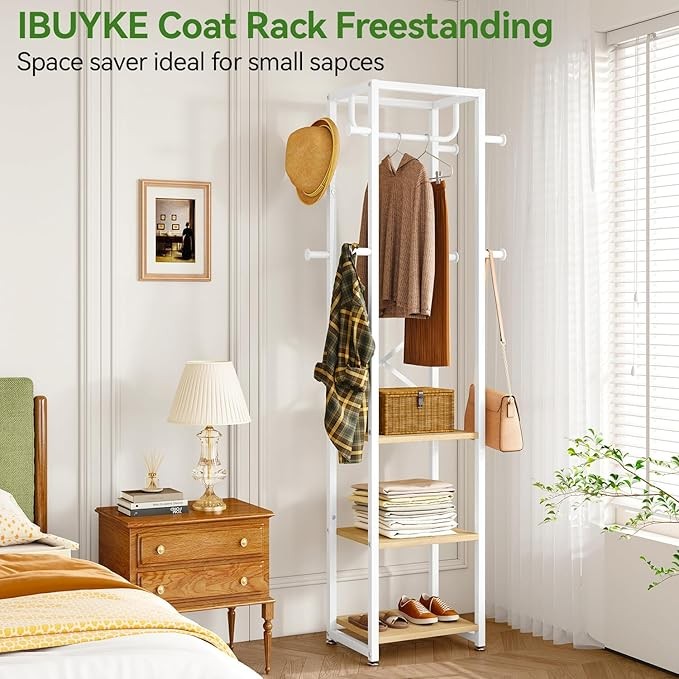 Freestanding Coat Rack with Shelves & Hooks Entryway Storage Stand 180cm
