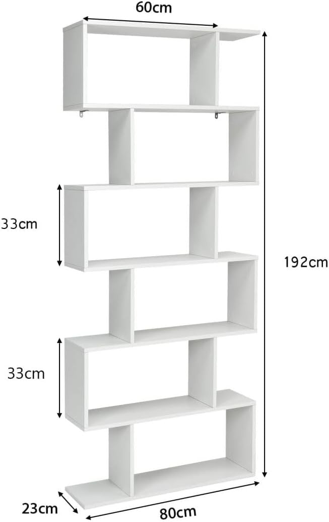 White S-Shaped 6 Tier Bookcase Tall Freestanding Storage Display Unit 80×23×192