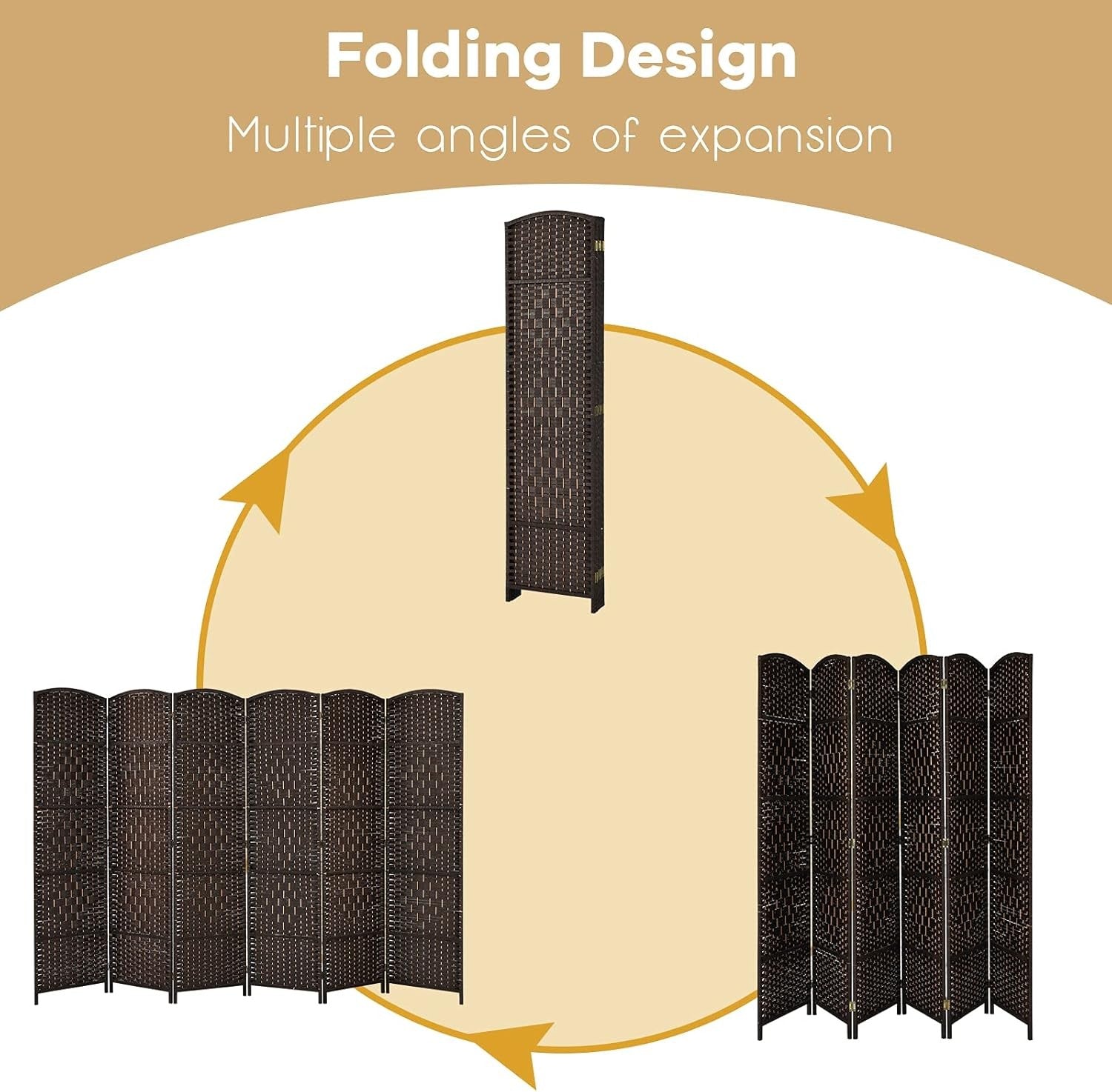 6 Panel Brown Wicker Folding Room Divider Privacy Screen for Home Office Décor