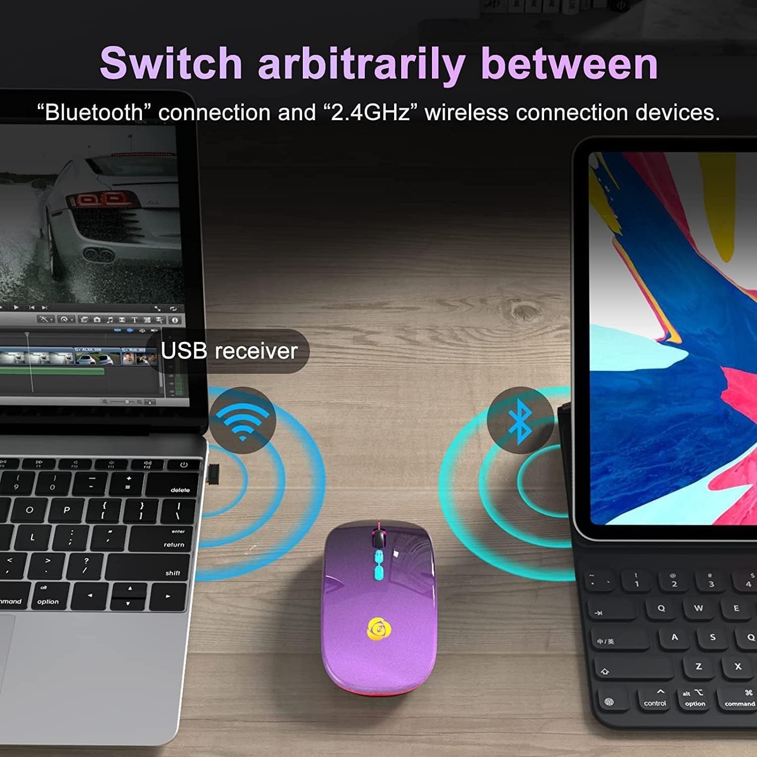Wireless Bluetooth Mouse Rechargeable Silent RGB Type-C Slim