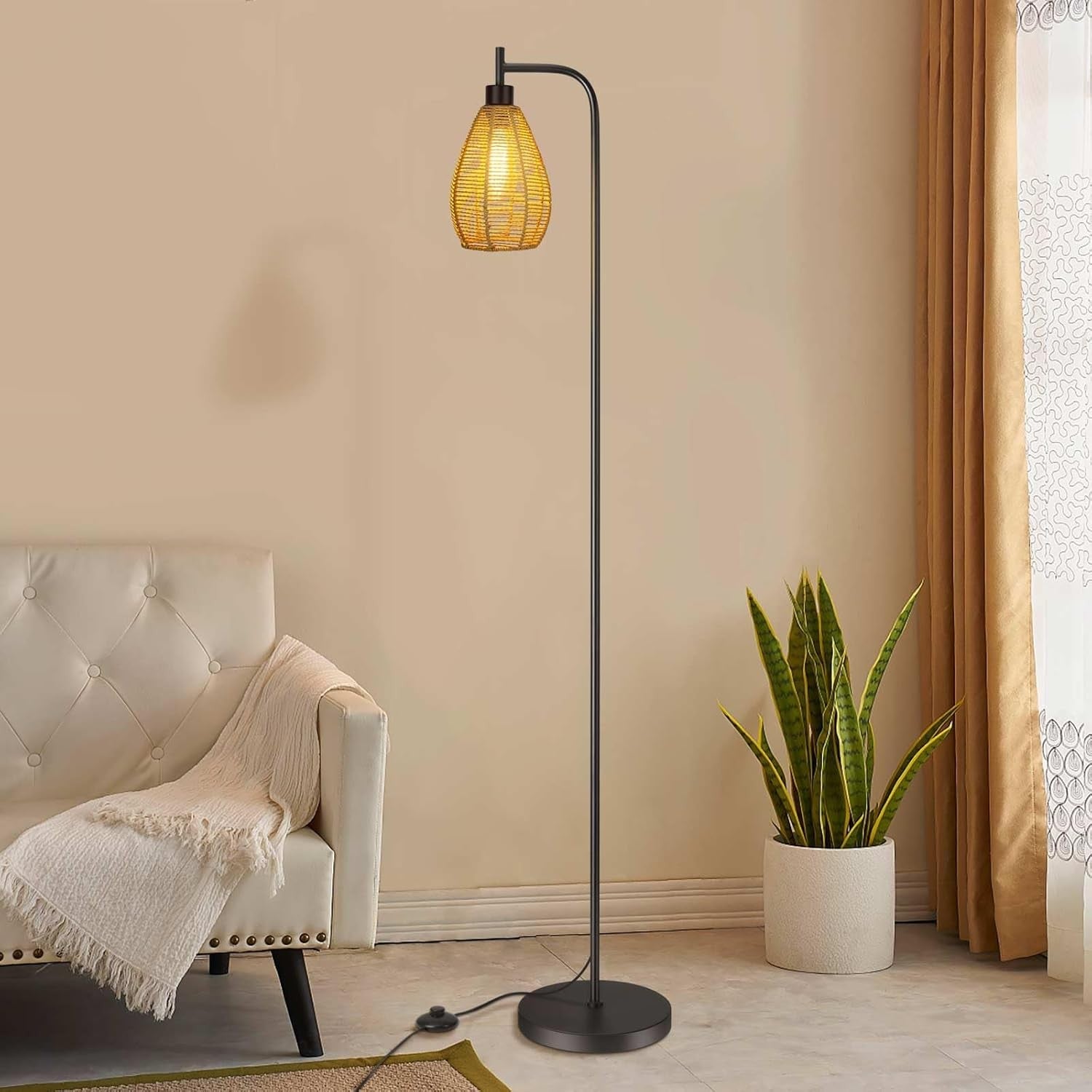 Farmhouse Floor Lamp Tall Standing Light Woven Rope Cage Pedal Switch