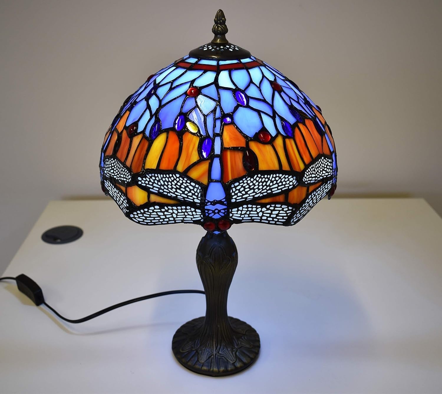 Tiffany Style Dragonfly Table Lamp Stained Glass Antique Look 42cm E27