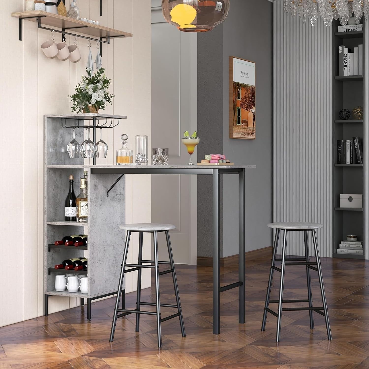 3-Piece Bar Table Set Wine Rack, Glass Holders & Open Shelves, Brown Industrial