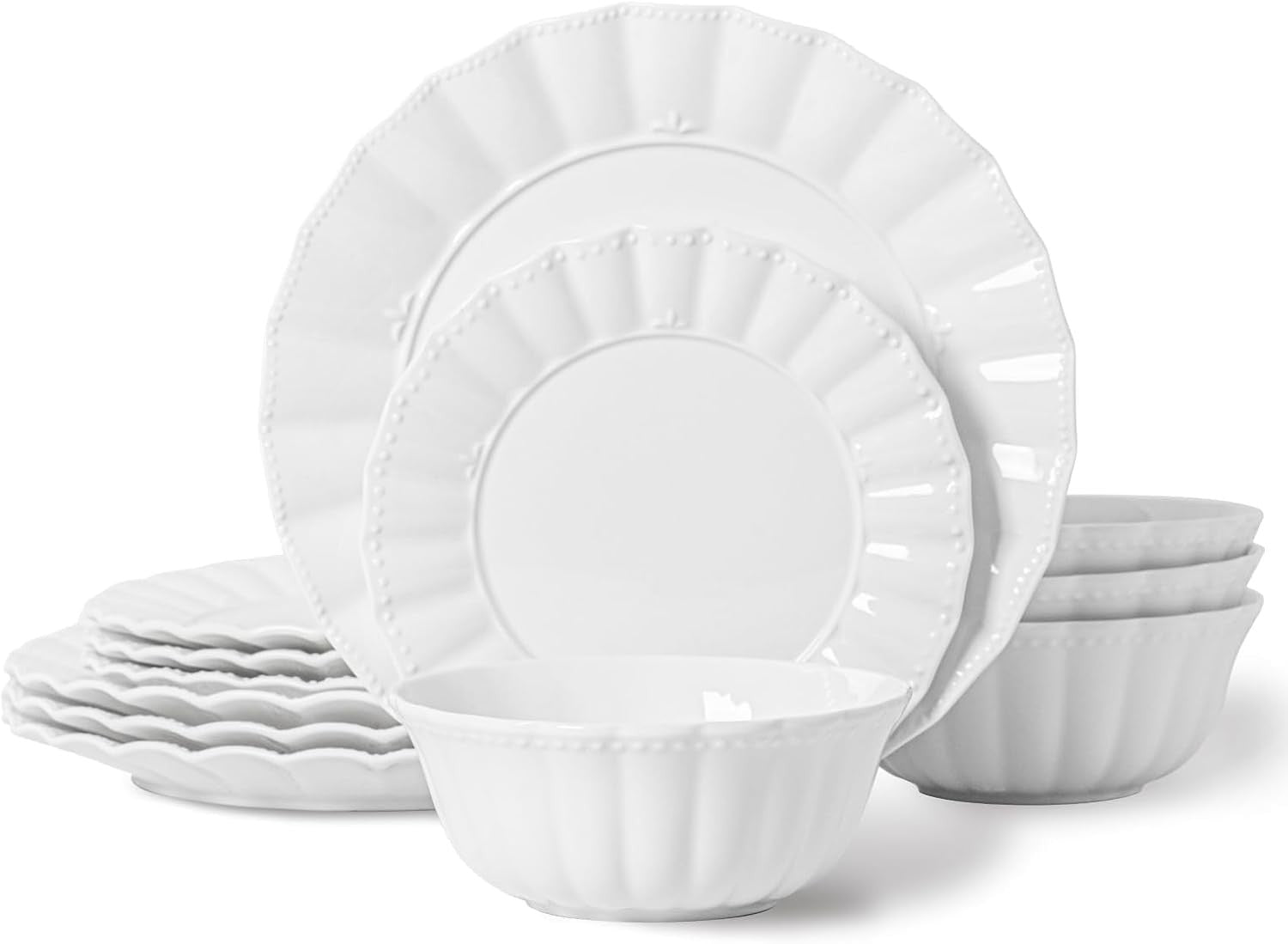 12pc Bone China Dinner Set Plates Bowls White Wavy Design Service for 4