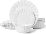 12pc Bone China Dinner Set Plates Bowls White Wavy Design Service for 4