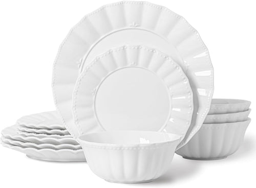 12pc Bone China Dinner Set Plates Bowls White Wavy Design Service for 4