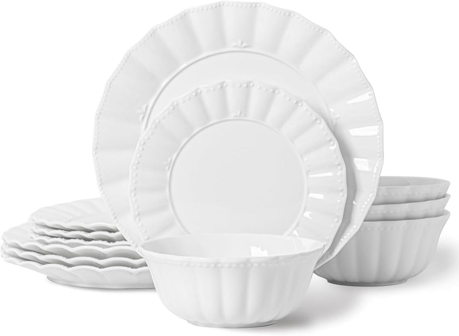 12pc Bone China Dinner Set Plates Bowls White Wavy Design Service for 4