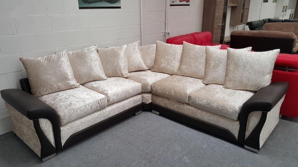 Mink Crushed Velvet 2C2 Corner Sofa 5 Seater Scatter Back & Curved Arms