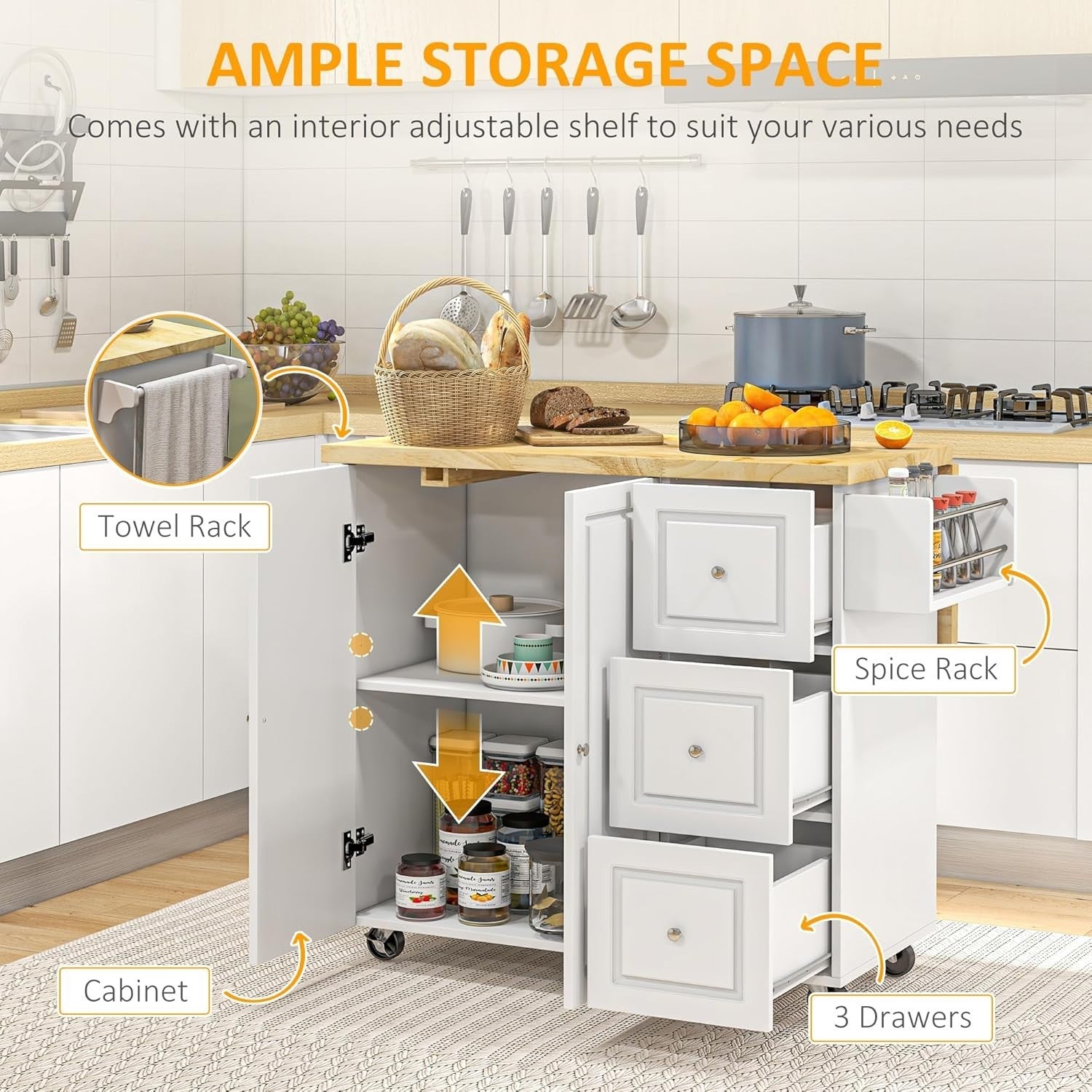 White Drop-Leaf Kitchen Island on Wheels with Drawers & Tiered Storage