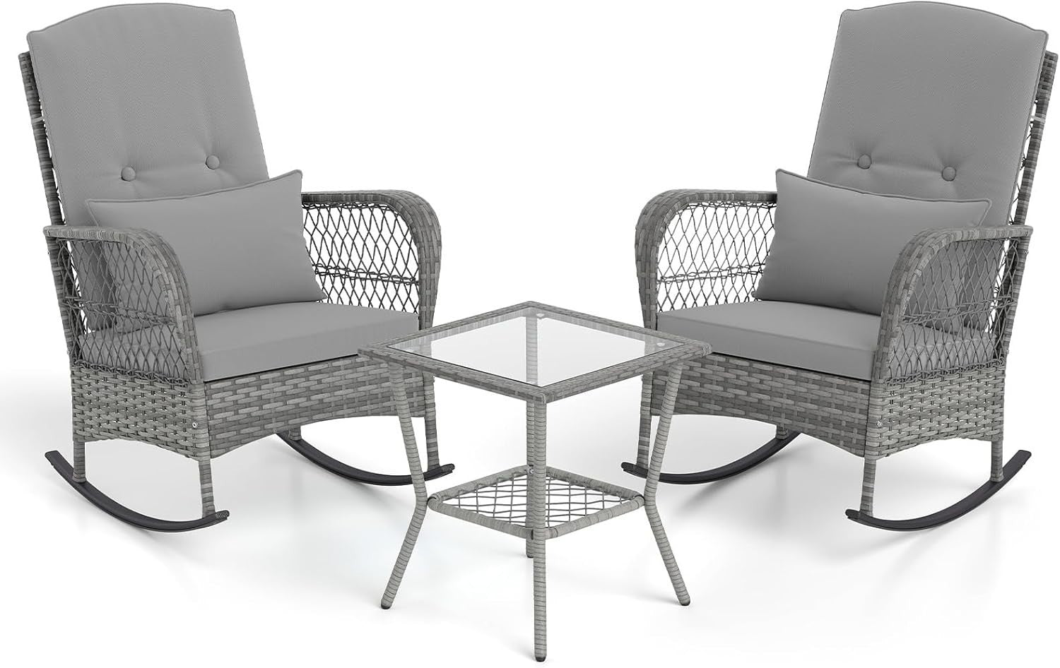 3 Piece Grey Rattan Bistro Set Rocking Chairs with Glass Table Outdoor