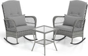 3 Piece Grey Rattan Bistro Set Rocking Chairs with Glass Table Outdoor