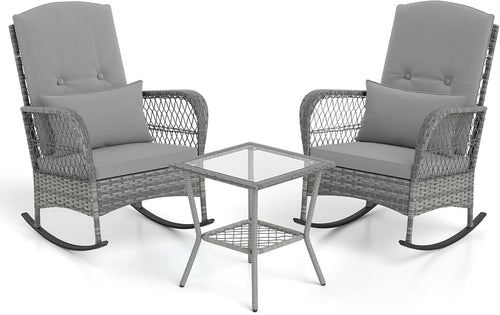 3 Piece Grey Rattan Bistro Set Rocking Chairs with Glass Table Outdoor