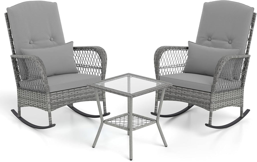 3 Piece Grey Rattan Bistro Set Rocking Chairs with Glass Table Outdoor
