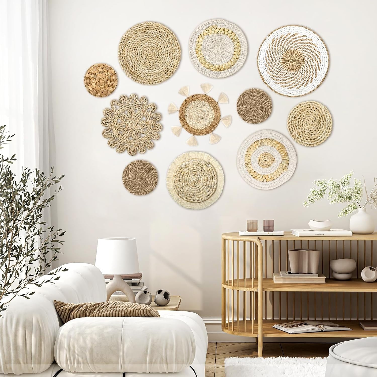 Set of 11 Boho Woven Wall Baskets 4"-12" Rustic Hanging Decor