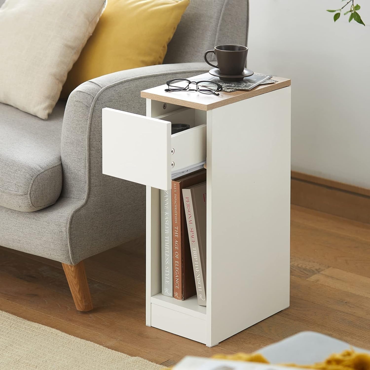 Set of 2 Slim White Bedside Tables with Drawer & Shelf | Narrow Modern