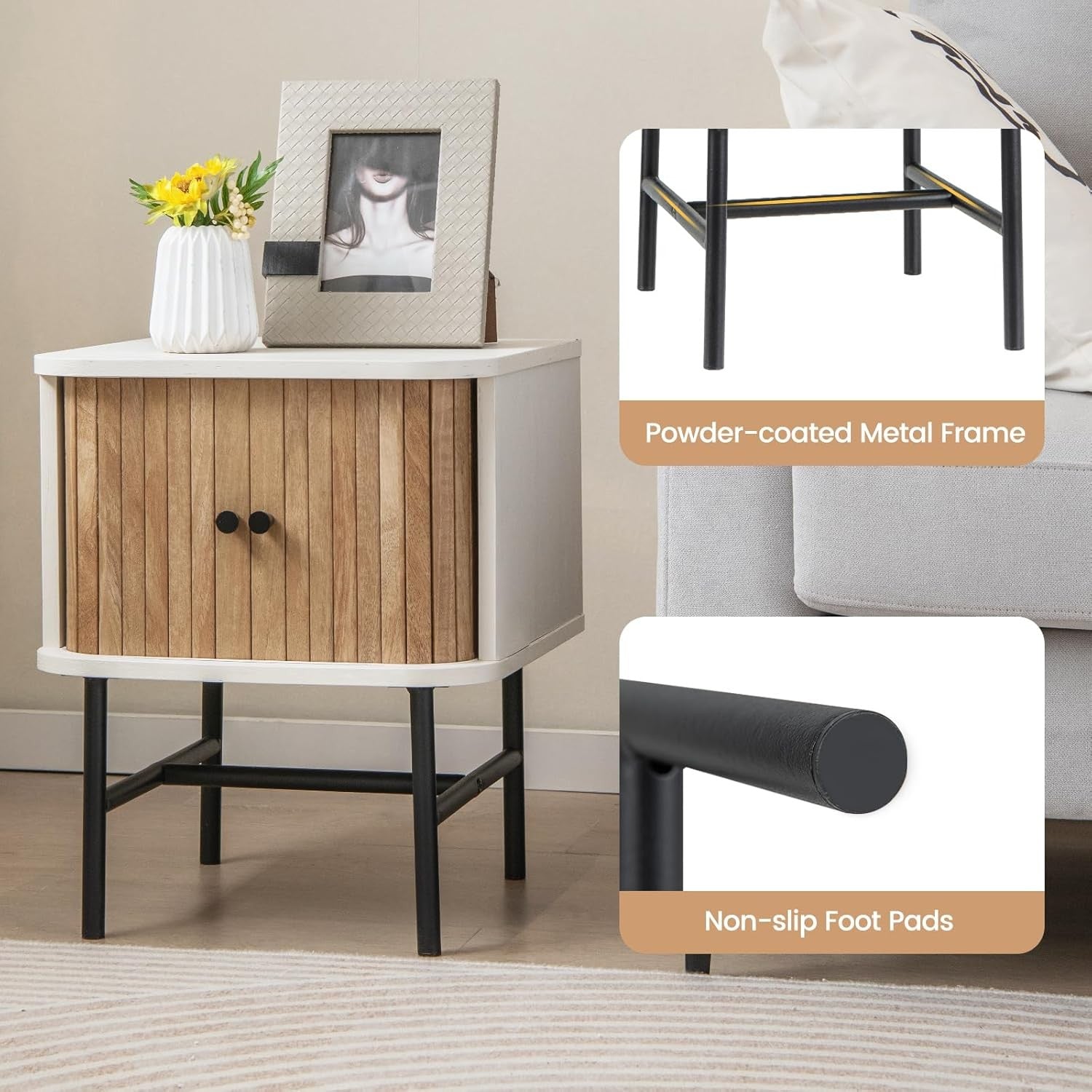White Bedside Table with Sliding Doors & Metal Legs – Compact Modern Nightstand