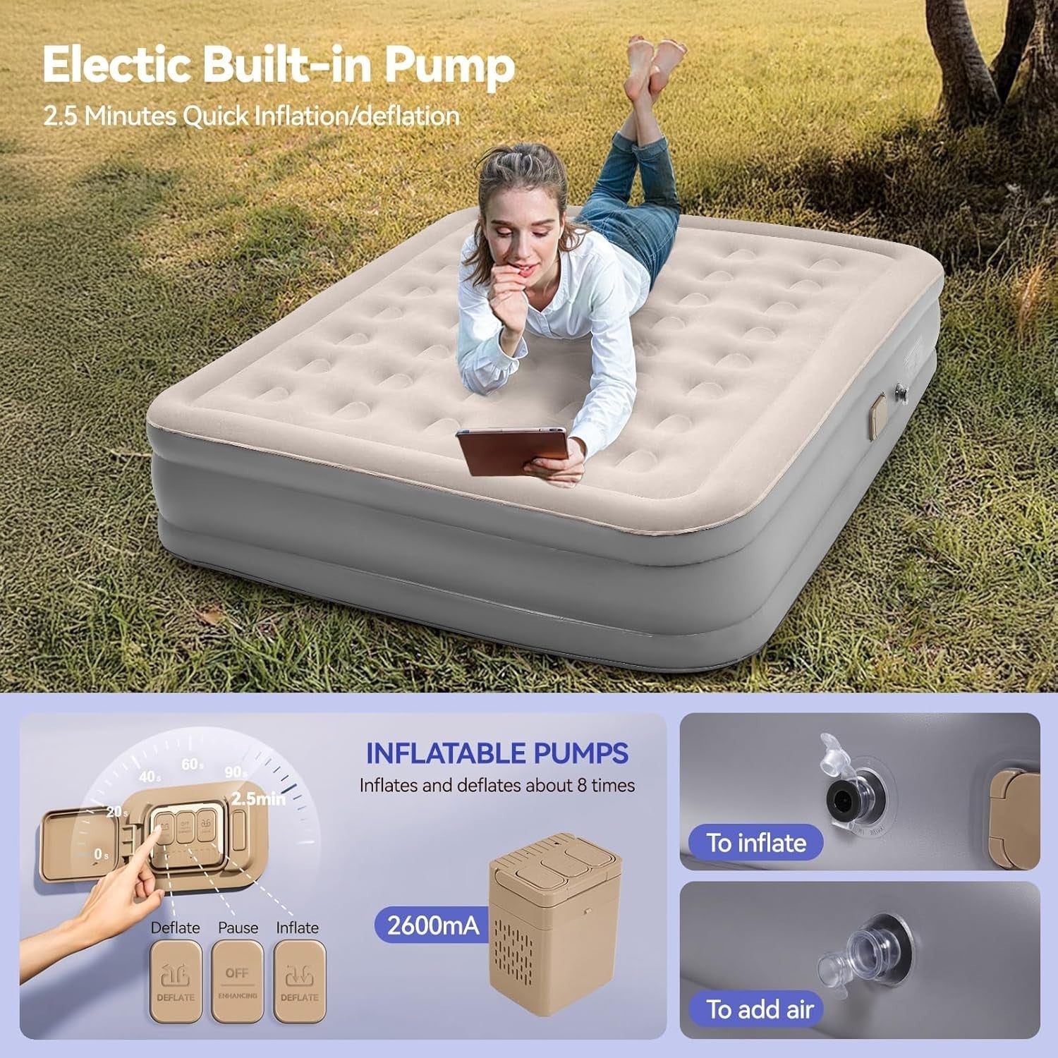 Double/King Air Mattress with Built-In Electric Pump – Inflatable Guest & Campin