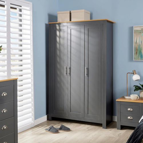 3 Door Dark Grey Wardrobe with Hanging Rail & 5 Shelves for Clothes