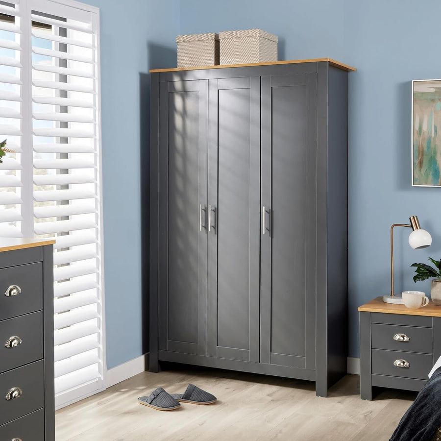3 Door Dark Grey Wardrobe with Hanging Rail & 5 Shelves for Clothes