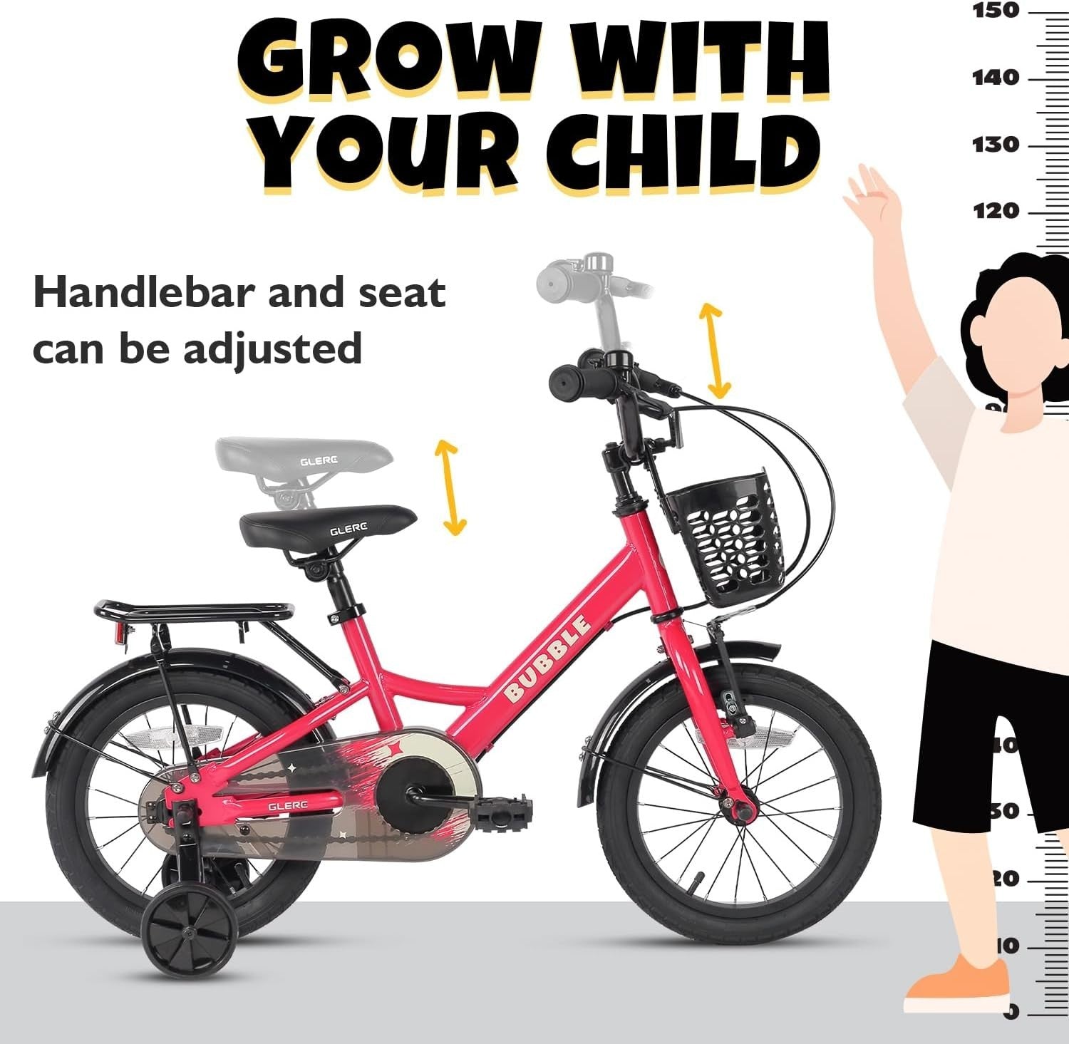 Kids Bike 12 14 16 Inch Bicycle with Stabilisers Basket Rear Rack Steel