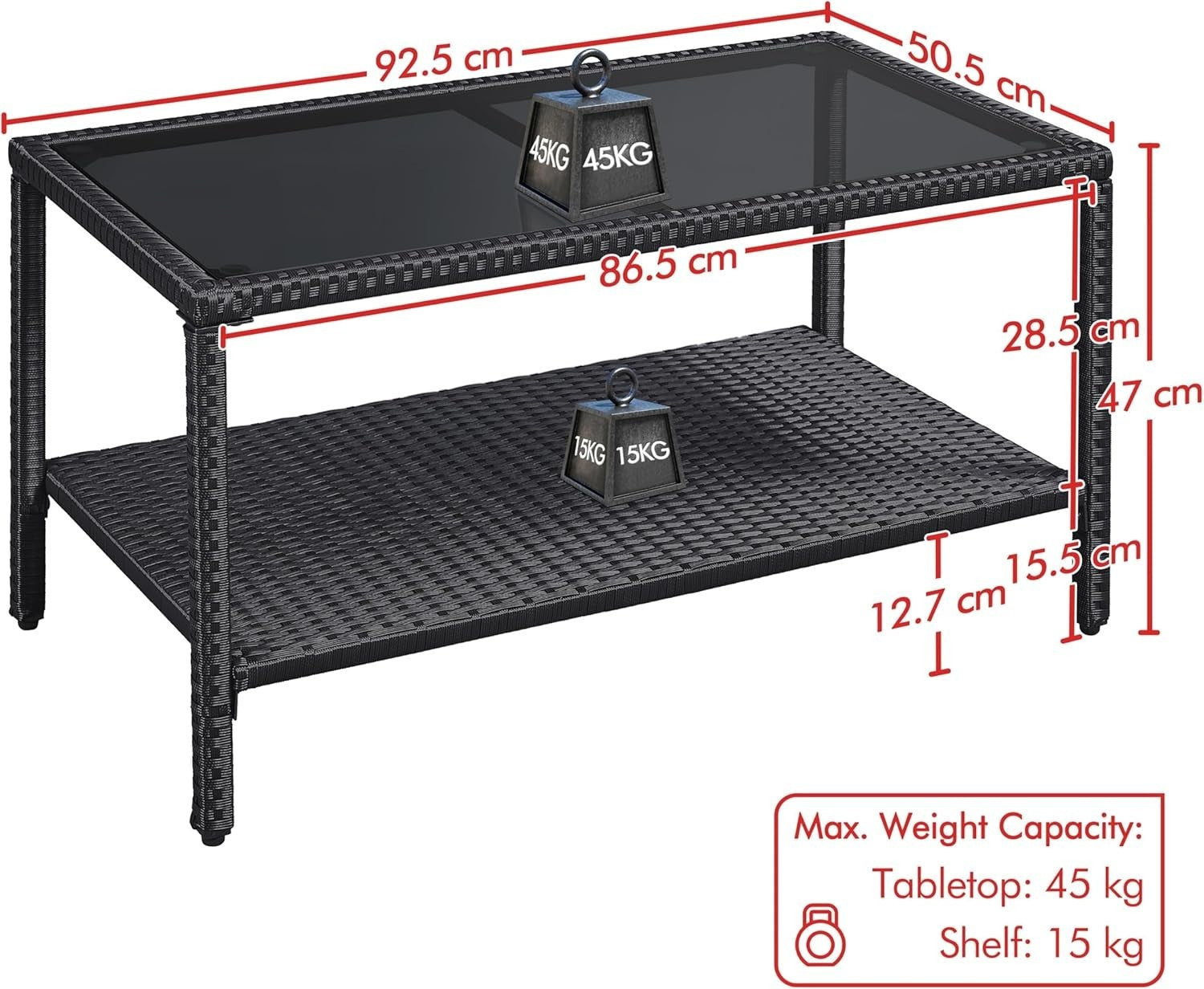 Outdoor Rattan Coffee Table with Glass Top & Storage Shelf – Black Patio Table