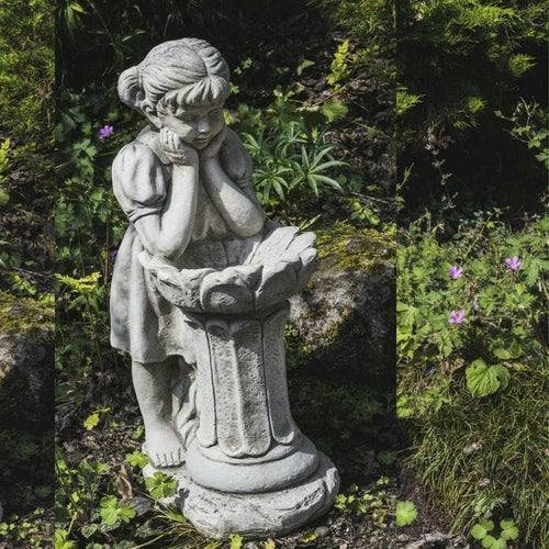 Stone Cast Girl Bird Bath Sculpture Garden Ornament Antique Stone Feeder