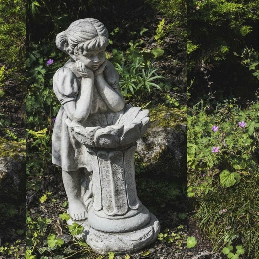 Stone Cast Girl Bird Bath Sculpture Garden Ornament Antique Stone Feeder