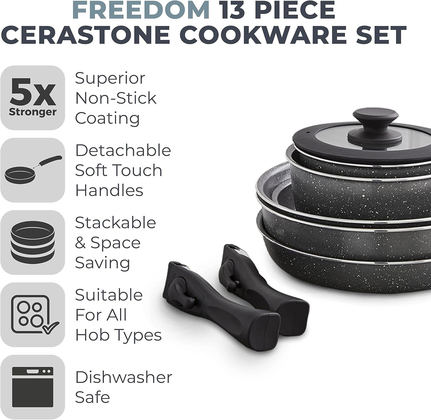 13pcs Graphite Non Stick Cookware Set  Stackable Pans with Detachable Handle