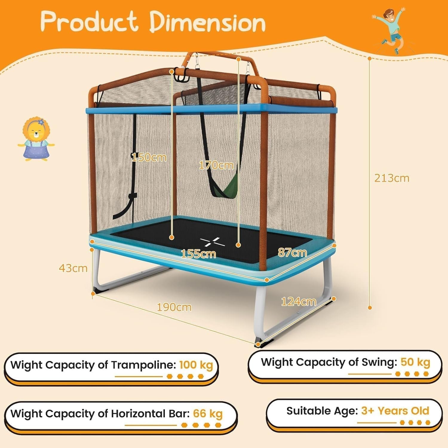6FT Kids 3-in-1 Trampoline Safety Enclosure Swing Bar Indoor Outdoor