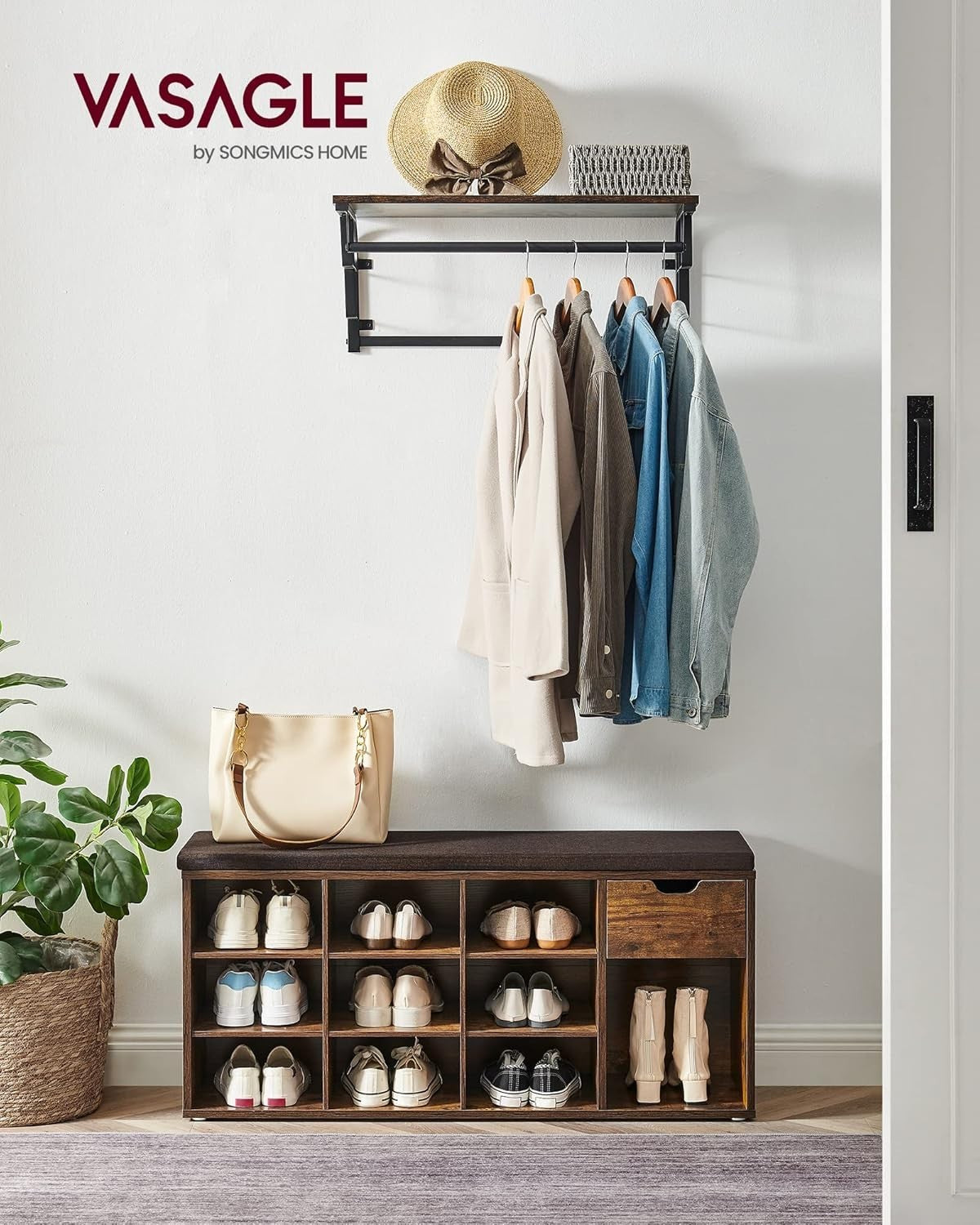 Shoe Storage Bench with Cushion, Drawer & Open Compartments, 104x30x48 cm Brown