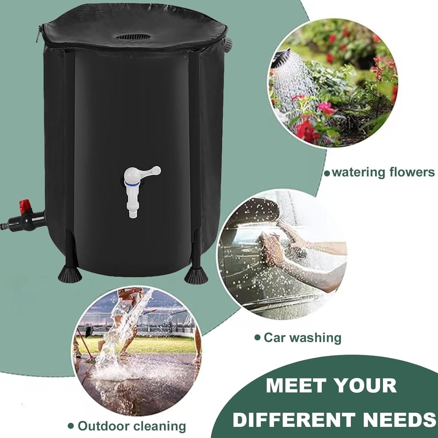 100L Foldable Rain Barrel with Stand Tap Outdoor Garden Water Collector Black