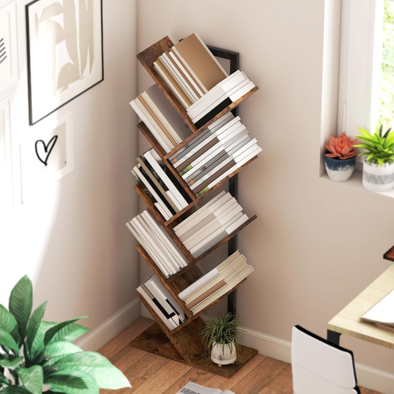 9-Tier Tree Bookshelf Rustic Brown Vertical Bookcase Industrial Space-Saving Uni