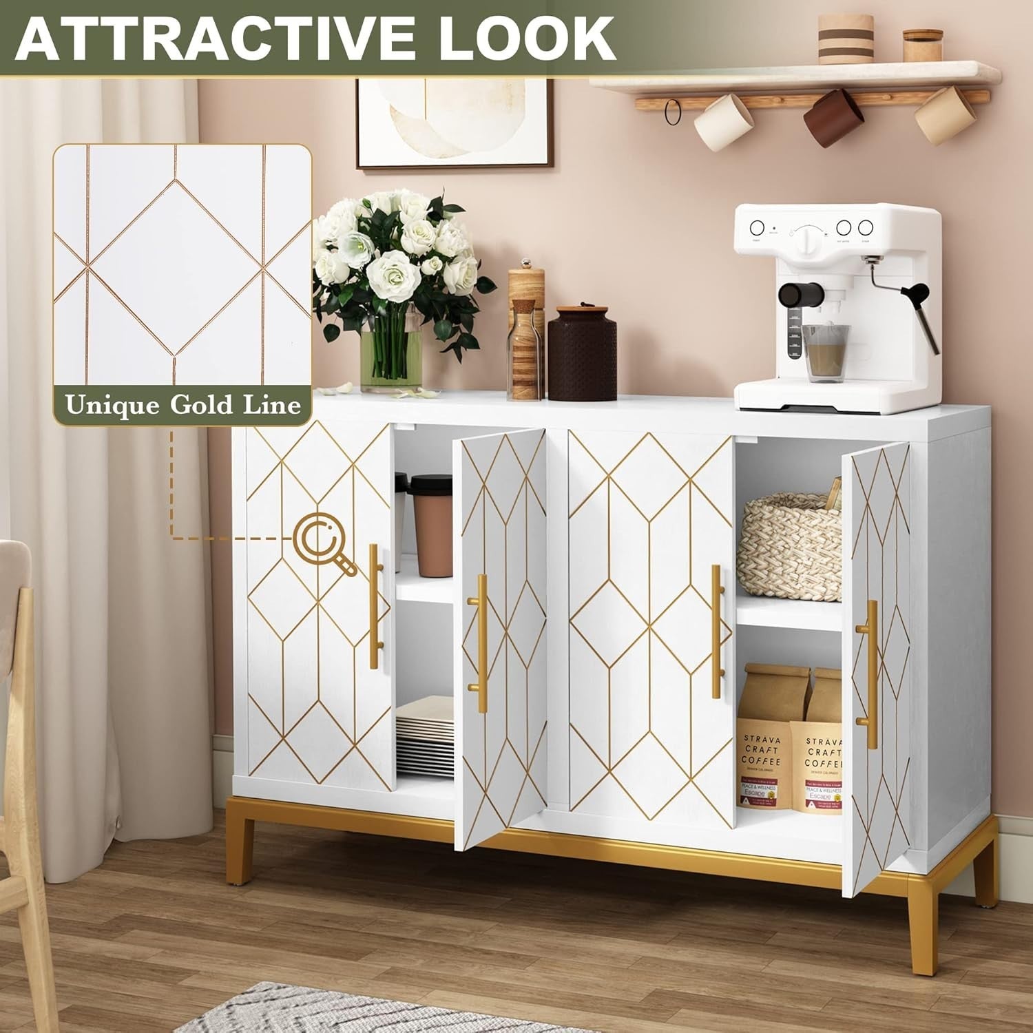White Sideboard Cabinet 4 Door Gold Trim Storage Unit for Hallway Room