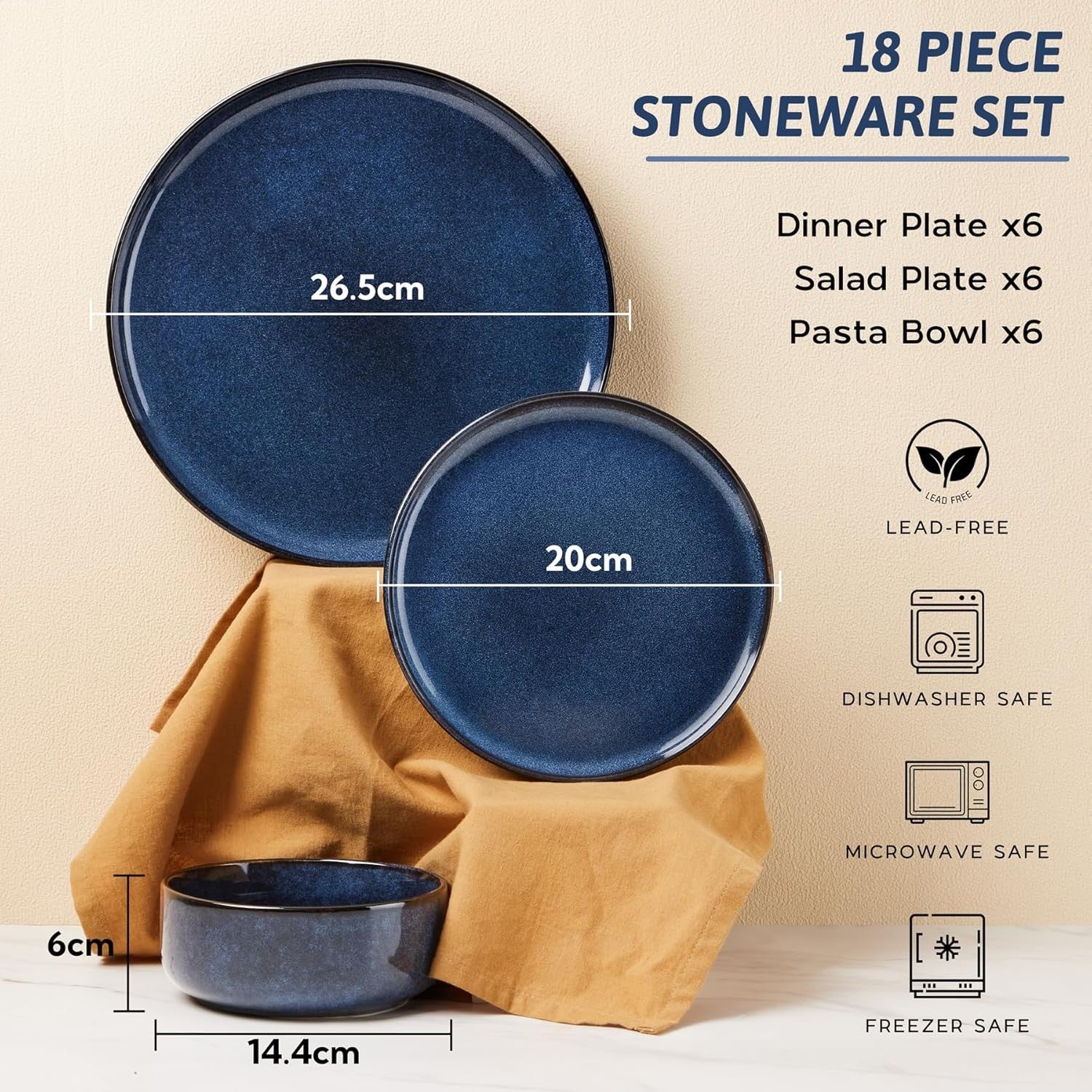 18pc Stoneware Dinnerware Set for 6 Reactive Glaze Plates Bowls Blue