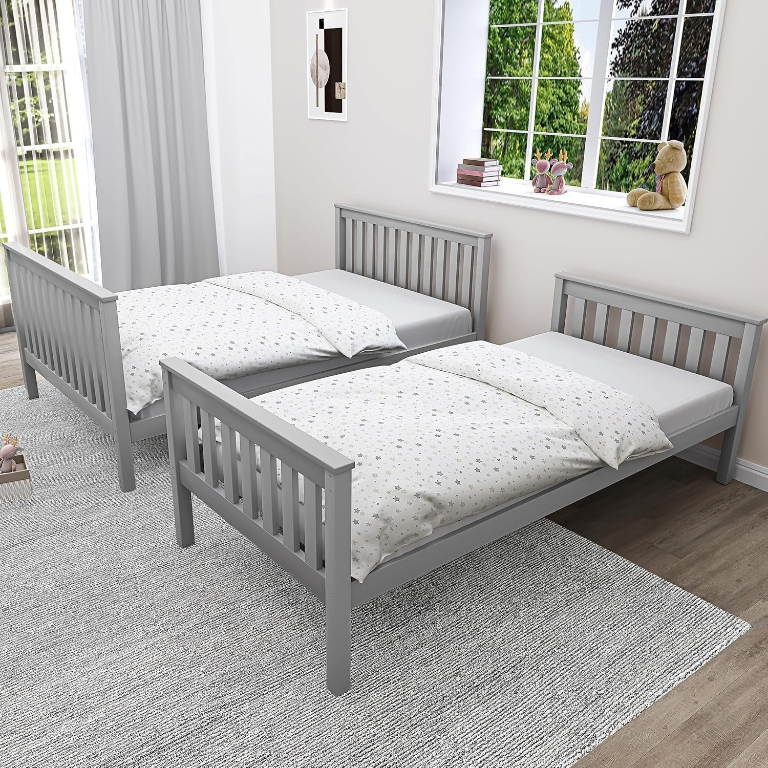 Triple Bunk Bed With 2x Mattress, Wooden Frame 4ft6 & 3ft Kids Sleeper