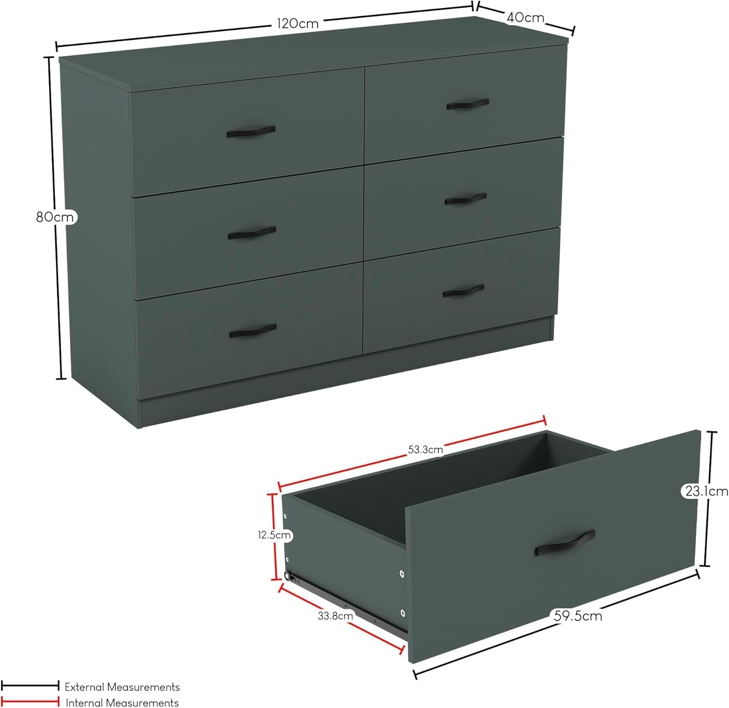 Jasper Green 6 Drawer Wide Chest Bedroom Storage Unit Modern Flatpack