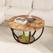 28" Round 2-Tier Coffee Table with Storage Shelves, Metal Frame Rustic Brown