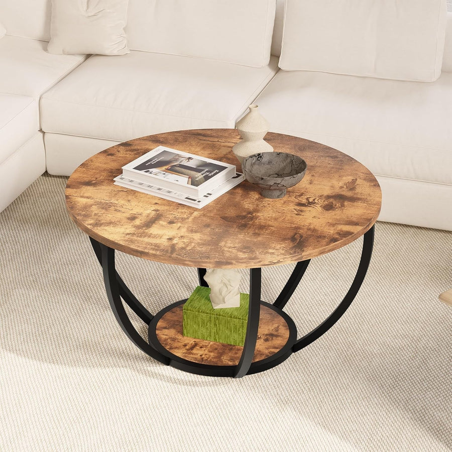 28" Round 2-Tier Coffee Table with Storage Shelves, Metal Frame Rustic Brown