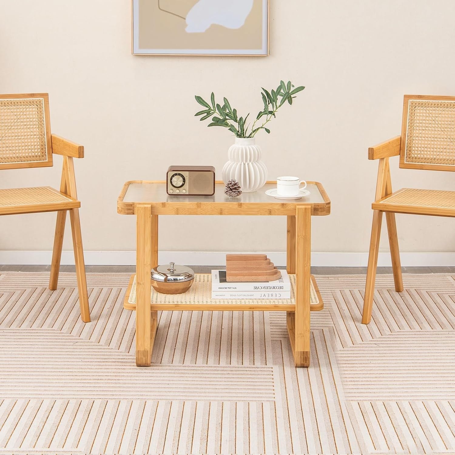 Modern Bamboo Side Table with Tempered Glass Top, 2-Tier Storage Shelf 70x44x55c