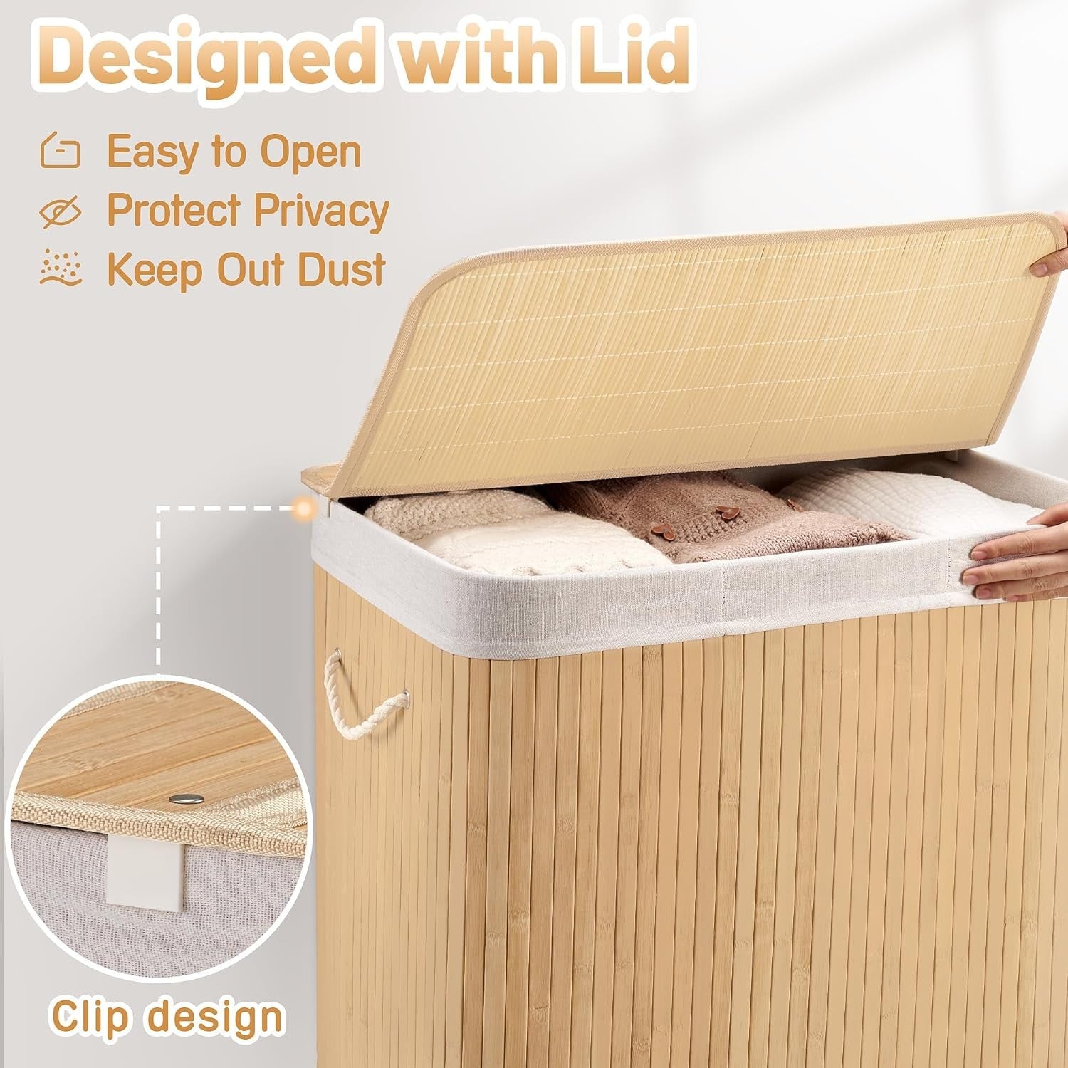 150L Bamboo Laundry Hamper with Lid 3-Section Foldable Clothes Basket Beige