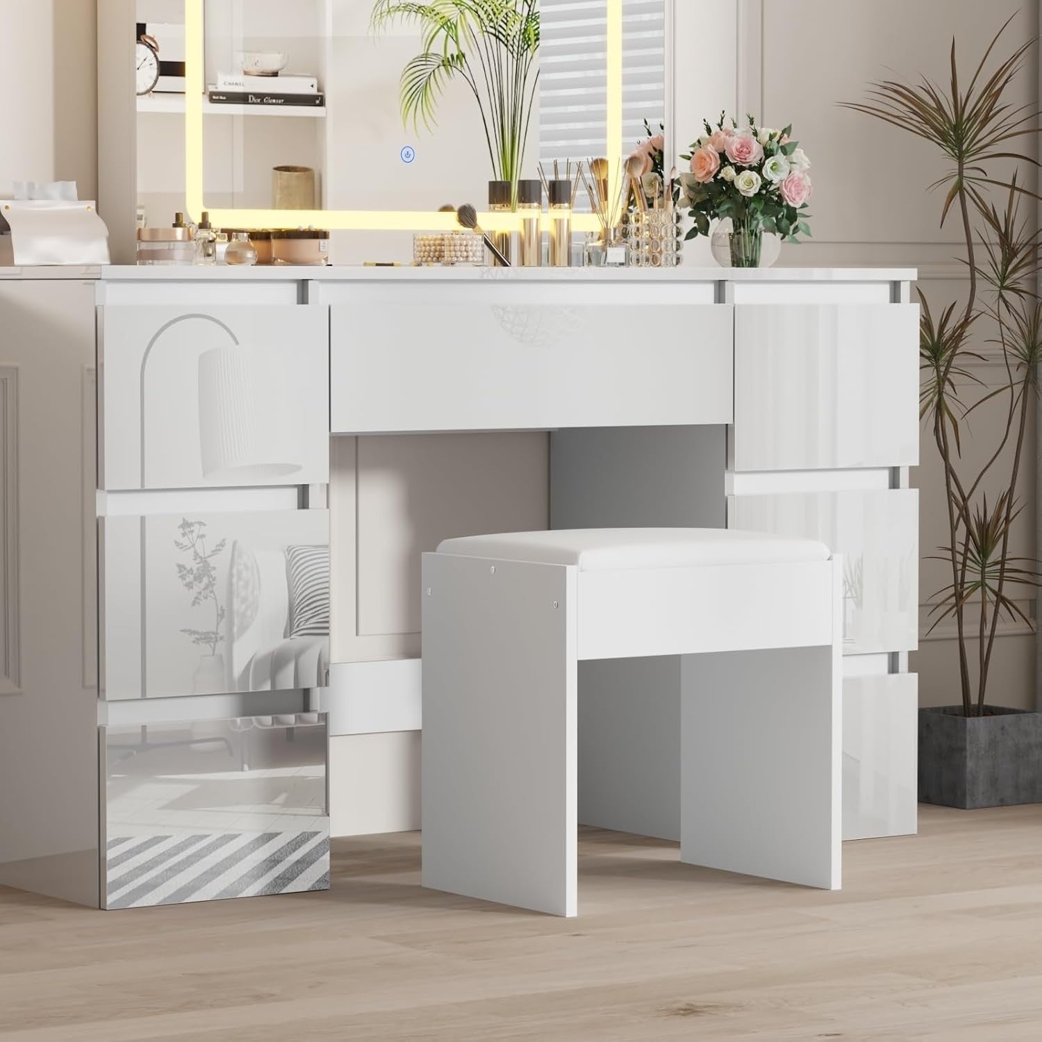 White Soft Padded Vanity Stool – Makeup Desk Chair Bench 40x30x40cm