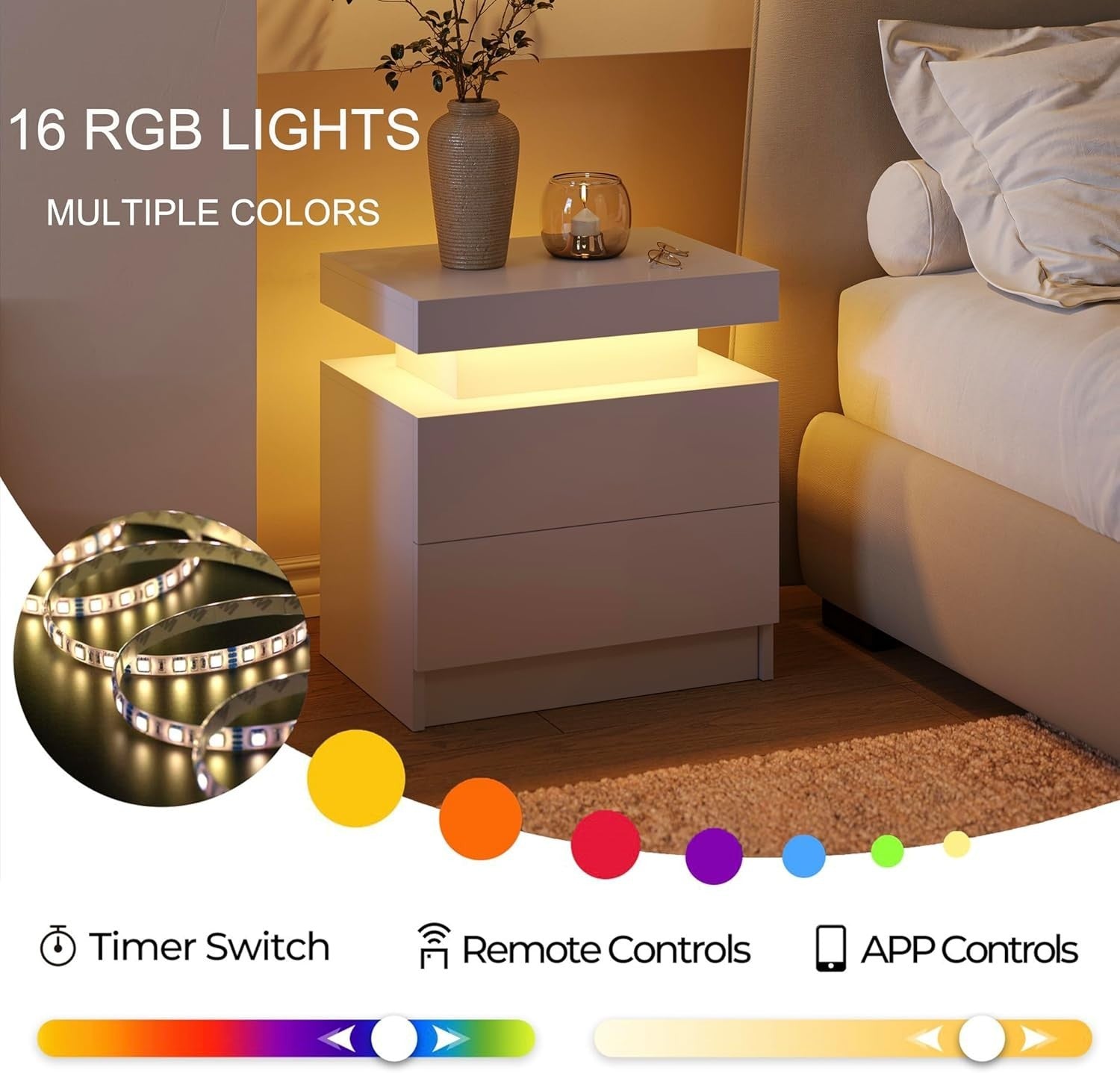 Modern LED Bedside Tables Set of 2 with RGB Lights & Drawers – White Nightstands