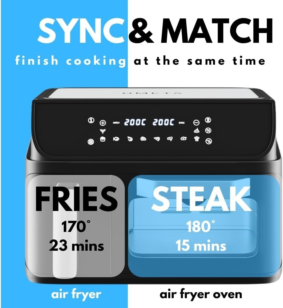 Dual Zone Air Fryer Oven Combo 9.5L Sync Cook 10 Presets Window Black