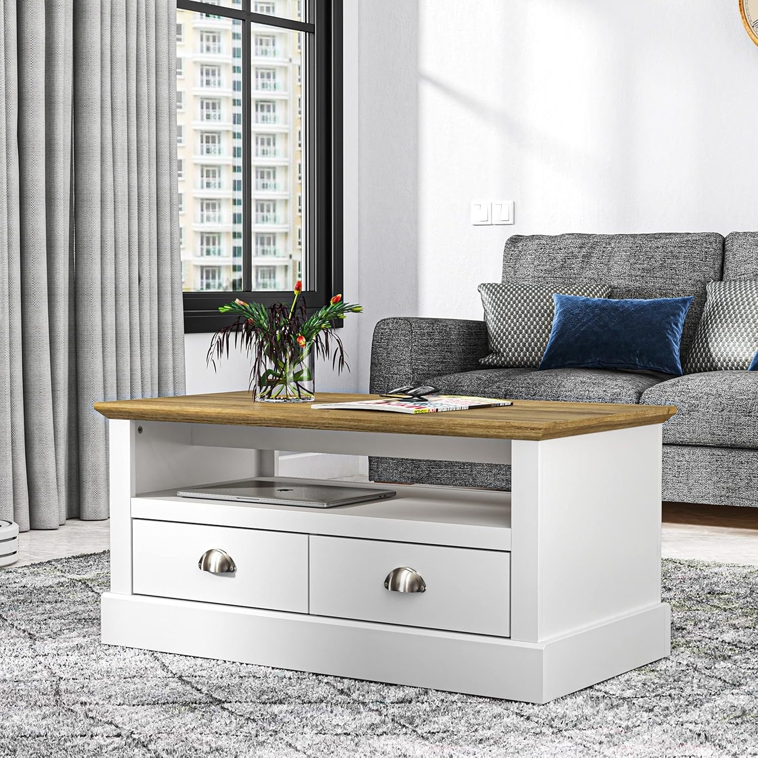 Modern White Coffee Table with 2 Drawers & Shelf – Storage Cabinet 94cm